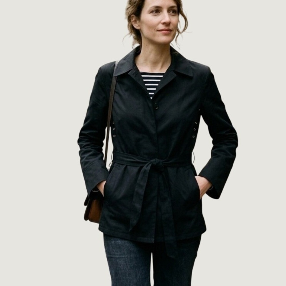 Faconnable Womens Black Belted Field Jacket Size Small French Utility Coat